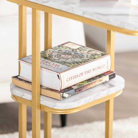 Rootz Modern Side Table - Magazine Rack - Mobile Workstation - MDF with Marble Finish - Adjustable Feet - 50cm x 58cm x 30cm