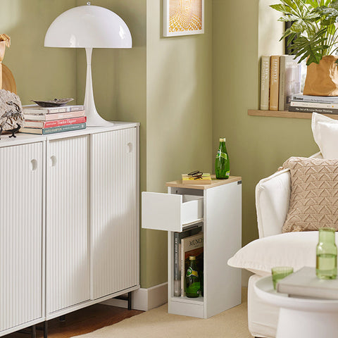 Rootz Bedside Table with Drawer - Coffee Table - Sofa Table - Side Table - White - Organizational Storage - Enhanced Stability - Space-Saving Design - 20cm x 60cm x 35cm