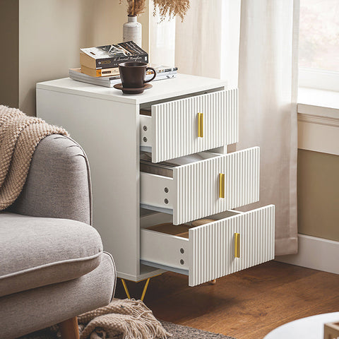 Rootz Modern Bedside Table - Sofa Table - Side Table - 3 Drawers for Easy Organization - Floor Protectors - Elegant White with Gold Handles - 40cm x 63cm x 40cm