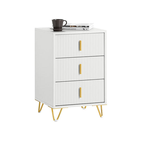 Rootz Modern Bedside Table - Sofa Table - Side Table - 3 Drawers for Easy Organization - Floor Protectors - Elegant White with Gold Handles - 40cm x 63cm x 40cm