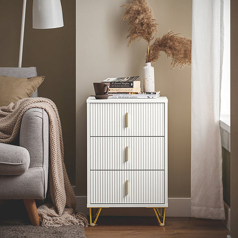 Rootz Modern Bedside Table - Sofa Table - Side Table - 3 Drawers for Easy Organization - Floor Protectors - Elegant White with Gold Handles - 40cm x 63cm x 40cm