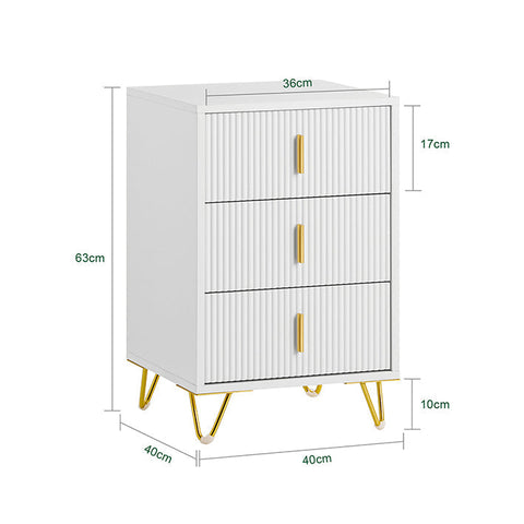 Rootz Modern Bedside Table - Sofa Table - Side Table - 3 Drawers for Easy Organization - Floor Protectors - Elegant White with Gold Handles - 40cm x 63cm x 40cm