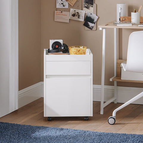 Rootz Mobile Office Cart - Side Table with Wheels - Printer Stand - Storage Drawers - Lockable Casters - Easy Assembly - White - 40cm x 54cm x 40cm