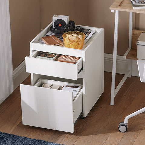 Rootz Mobile Office Cart - Side Table with Wheels - Printer Stand - Storage Drawers - Lockable Casters - Easy Assembly - White - 40cm x 54cm x 40cm