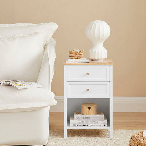 Rootz Bedside Table - Nightstand - Side Table - Functional with Privacy Storage - Easy Assembly - Rubberwood Accents - 40cm x 60cm x 30cm