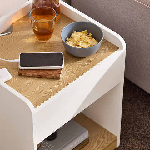 Rootz Bedside Table - Nightstand - Bedroom Organizer - Enhances Privacy - 45x55x40cm - PB and MDF Material - Convenient Charging Feature