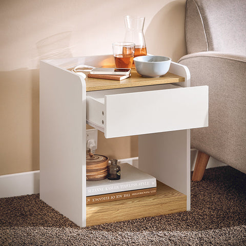 Rootz Bedside Table - Nightstand - Bedroom Organizer - Enhances Privacy - 45x55x40cm - PB and MDF Material - Convenient Charging Feature