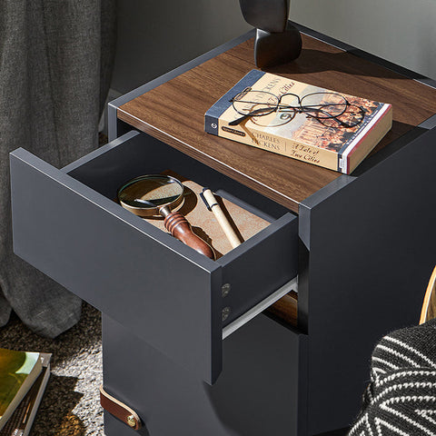 Rootz Elegant Bedside Table - Side Table - Nightstand - Ample Storage - 30x56x30cm - Grey & Brown Leather