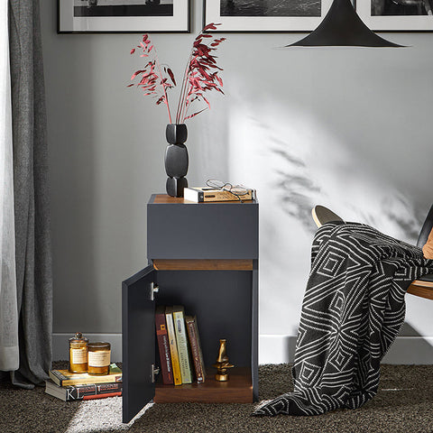 Rootz Elegant Bedside Table - Side Table - Nightstand - Ample Storage - 30x56x30cm - Grey & Brown Leather