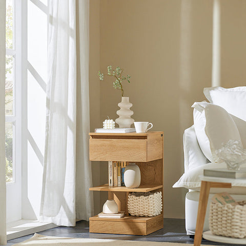 Rootz Bedside Table - Nightstand - Side Table - Chest of Drawers - Spacious Storage with 3 Shelves and Drawer - Compact Design Fits Narrow Spaces - Easy Assembly - PB(E1) Material - 39cm x 65cm x 39cm - Natural Finish FBT49-N