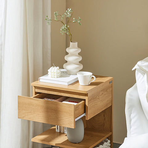 Rootz Bedside Table - Nightstand - Side Table - Chest of Drawers - Spacious Storage with 3 Shelves and Drawer - Compact Design Fits Narrow Spaces - Easy Assembly - PB(E1) Material - 39cm x 65cm x 39cm - Natural Finish FBT49-N