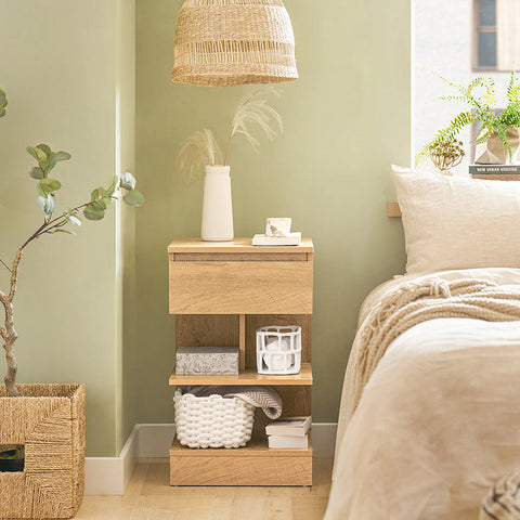 Rootz Bedside Table - Nightstand - Side Table - Chest of Drawers - Spacious Storage with 3 Shelves and Drawer - Compact Design Fits Narrow Spaces - Easy Assembly - PB(E1) Material - 39cm x 65cm x 39cm - Natural Finish FBT49-N