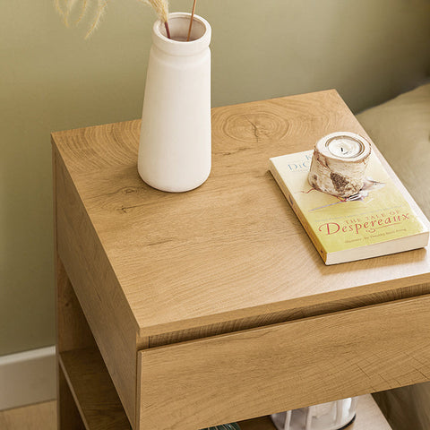 Rootz Bedside Table - Nightstand - Side Table - Chest of Drawers - Spacious Storage with 3 Shelves and Drawer - Compact Design Fits Narrow Spaces - Easy Assembly - PB(E1) Material - 39cm x 65cm x 39cm - Natural Finish FBT49-N