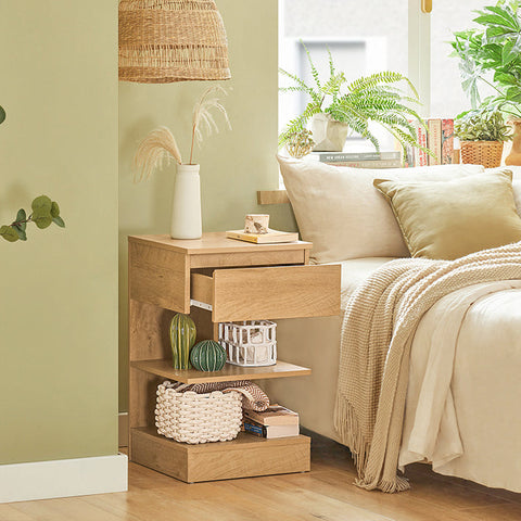 Rootz Bedside Table - Nightstand - Side Table - Chest of Drawers - Spacious Storage with 3 Shelves and Drawer - Compact Design Fits Narrow Spaces - Easy Assembly - PB(E1) Material - 39cm x 65cm x 39cm - Natural Finish FBT49-N