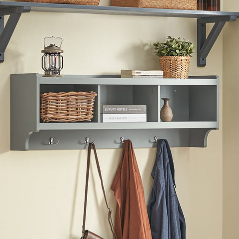 Rootz Wall Coat Rack with Hanging Shelf - Entryway Organizer - Hallway Storage - MDF Construction - 4 Metal Hooks - Space-Saving Design - 100cm x 35cm x 25cm