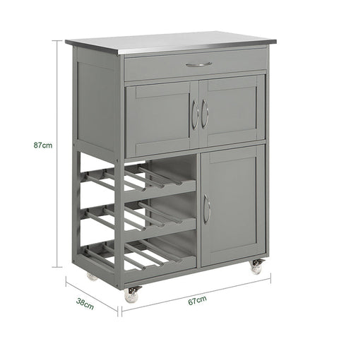Rootz Kitchen Trolley Serving Cart - Kitchen Cabinet - Mobile Storage Unit - MDF and Stainless Steel - With Bottle Shelves, Drawer, and Lockable Wheels - 67cm x 87cm x 38cm - Light Gray