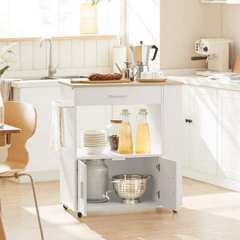 Rootz Kitchen Trolley - Sideboard - Serving Cart - Mobile Kitchen Island - Versatile Storage with Drawer, Shelves & Towel Holder - Easy Mobility with Lockable Wheels - White or Black - 75cm x 83cm x 46cm