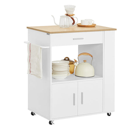Rootz Kitchen Trolley - Sideboard - Serving Cart - Mobile Kitchen Island - Versatile Storage with Drawer, Shelves & Towel Holder - Easy Mobility with Lockable Wheels - White or Black - 75cm x 83cm x 46cm