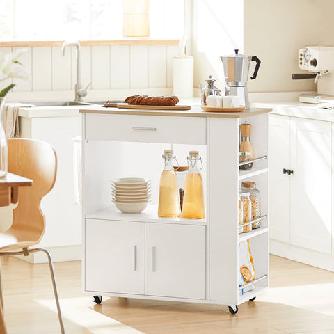 Rootz Kitchen Trolley - Sideboard - Serving Cart - Mobile Kitchen Island - Versatile Storage with Drawer, Shelves & Towel Holder - Easy Mobility with Lockable Wheels - White or Black - 75cm x 83cm x 46cm
