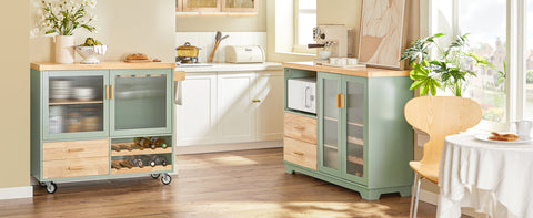 Rootz Kitchen Trolley FKW114-GR - Kitchen Island - Sideboard - Wine Glass Holder - Bottle Shelf - Durable MDF & Bamboo - 109cm x 92cm x 40cm