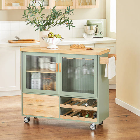 Rootz Kitchen Trolley FKW114-GR - Kitchen Island - Sideboard - Wine Glass Holder - Bottle Shelf - Durable MDF & Bamboo - 109cm x 92cm x 40cm