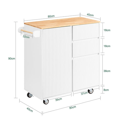 Rootz Kitchen Cart - Mobile Kitchen Island - Rolling Trolley - Multi-Storage, MDF & Rubber Wood - 90x90x40cm