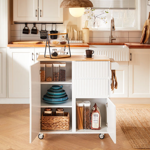 Rootz Kitchen Cart - Mobile Kitchen Island - Rolling Trolley - Multi-Storage, MDF & Rubber Wood - 90x90x40cm