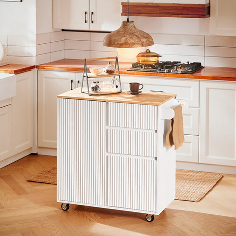 Rootz Kitchen Cart - Mobile Kitchen Island - Rolling Trolley - Multi-Storage, MDF & Rubber Wood - 90x90x40cm