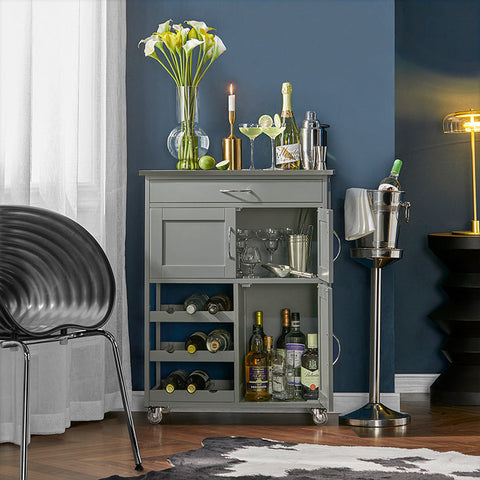 Rootz Kitchen Trolley Serving Cart - Kitchen Cabinet - Mobile Storage Unit - MDF and Stainless Steel - With Bottle Shelves, Drawer, and Lockable Wheels - 67cm x 87cm x 38cm - Light Gray