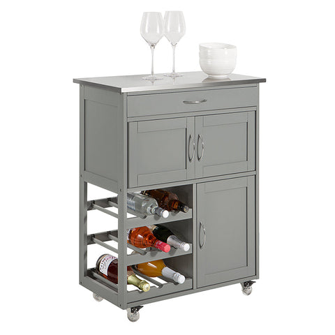 Rootz Kitchen Trolley Serving Cart - Kitchen Cabinet - Mobile Storage Unit - MDF and Stainless Steel - With Bottle Shelves, Drawer, and Lockable Wheels - 67cm x 87cm x 38cm - Light Gray