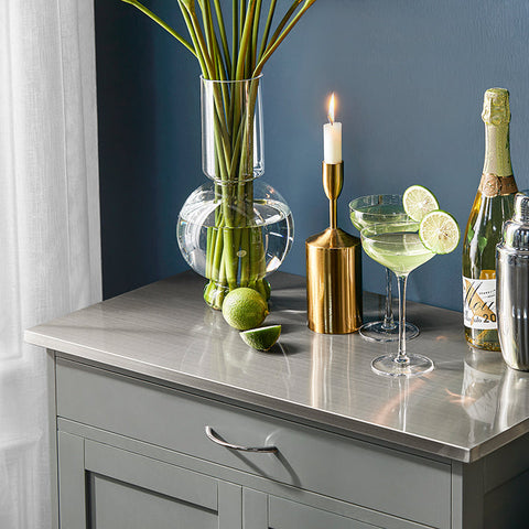 Rootz Kitchen Trolley Serving Cart - Kitchen Cabinet - Mobile Storage Unit - MDF and Stainless Steel - With Bottle Shelves, Drawer, and Lockable Wheels - 67cm x 87cm x 38cm - Light Gray