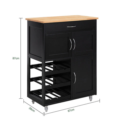 Rootz Serving Trolley - Kitchen Cabinet - Mobile Kitchen Island - Ample Storage with Bottle Shelves & Drawer - Easy Mobility with Lockable Wheels - Durable MDF & Rubber Wood - 67cm x 87cm x 38cm - Black