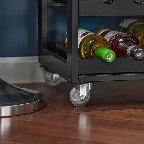 Rootz Serving Trolley - Kitchen Cabinet - Mobile Kitchen Island - Ample Storage with Bottle Shelves & Drawer - Easy Mobility with Lockable Wheels - Durable MDF & Rubber Wood - 67cm x 87cm x 38cm - Black