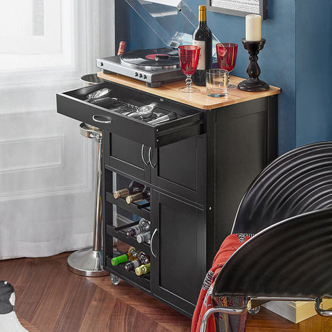 Rootz Serving Trolley - Kitchen Cabinet - Mobile Kitchen Island - Ample Storage with Bottle Shelves & Drawer - Easy Mobility with Lockable Wheels - Durable MDF & Rubber Wood - 67cm x 87cm x 38cm - Black