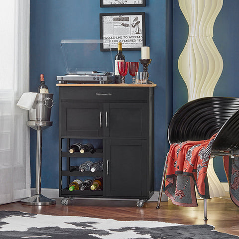 Rootz Serving Trolley - Kitchen Cabinet - Mobile Kitchen Island - Ample Storage with Bottle Shelves & Drawer - Easy Mobility with Lockable Wheels - Durable MDF & Rubber Wood - 67cm x 87cm x 38cm - Black