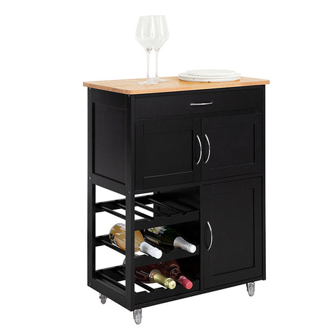 Rootz Serving Trolley - Kitchen Cabinet - Mobile Kitchen Island - Ample Storage with Bottle Shelves & Drawer - Easy Mobility with Lockable Wheels - Durable MDF & Rubber Wood - 67cm x 87cm x 38cm - Black