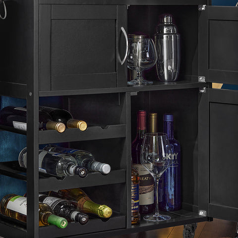 Rootz Serving Trolley - Kitchen Cabinet - Mobile Kitchen Island - Ample Storage with Bottle Shelves & Drawer - Easy Mobility with Lockable Wheels - Durable MDF & Rubber Wood - 67cm x 87cm x 38cm - Black