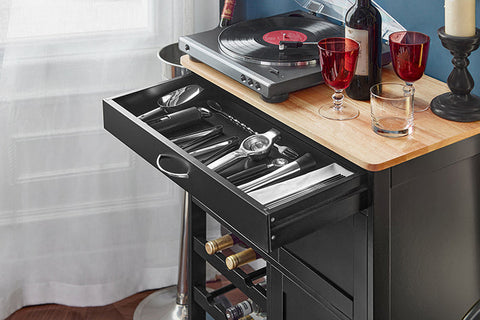 Rootz Serving Trolley - Kitchen Cabinet - Mobile Kitchen Island - Ample Storage with Bottle Shelves & Drawer - Easy Mobility with Lockable Wheels - Durable MDF & Rubber Wood - 67cm x 87cm x 38cm - Black