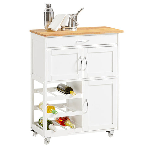 Rootz Kitchen Serving Trolley - Kitchen Cabinet - Mobile Bar Cart - White Finish - Ample Storage with Bottle Shelves, Drawer & Doors - Easy Mobility with Lockable Wheels - 67cm x 86cm x 38cm