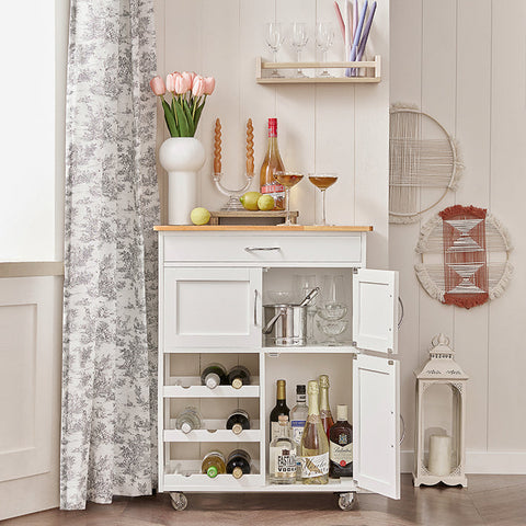 Rootz Kitchen Serving Trolley - Kitchen Cabinet - Mobile Bar Cart - White Finish - Ample Storage with Bottle Shelves, Drawer & Doors - Easy Mobility with Lockable Wheels - 67cm x 86cm x 38cm