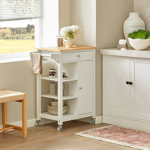 Rootz Kitchen Trolley Cart - Serving Trolley - Mobile Kitchen Island - Chipboard & MDF Construction - Versatile Storage with Drawer, Shelves & Towel Holder - Easy Mobility with Lockable Wheels - W57 x D40 x H86 cm