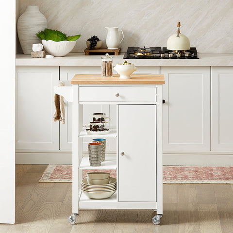 Rootz Kitchen Trolley Cart - Serving Trolley - Mobile Kitchen Island - Chipboard & MDF Construction - Versatile Storage with Drawer, Shelves & Towel Holder - Easy Mobility with Lockable Wheels - W57 x D40 x H86 cm