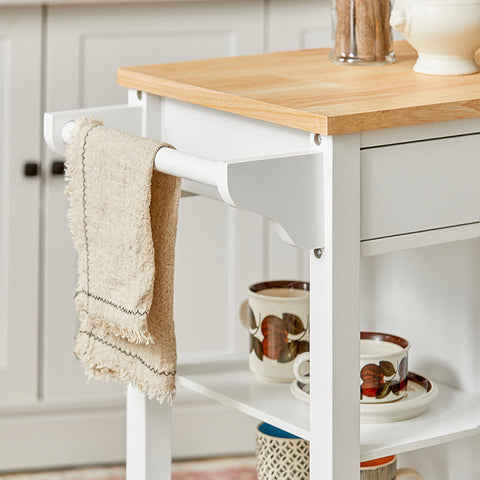 Rootz Kitchen Trolley Cart - Serving Trolley - Mobile Kitchen Island - Chipboard & MDF Construction - Versatile Storage with Drawer, Shelves & Towel Holder - Easy Mobility with Lockable Wheels - W57 x D40 x H86 cm