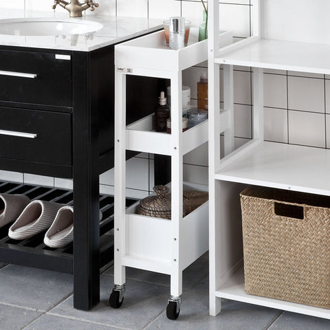 Rootz Niche Trolley 21cm - Bathroom Trolley - Kitchen Storage Cart - White MDF & Pine - Versatile & Mobile - Easy Assembly - 21cm x 83cm x 40cm