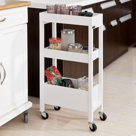 Rootz Niche Trolley 21cm - Bathroom Trolley - Kitchen Storage Cart - White MDF & Pine - Versatile & Mobile - Easy Assembly - 21cm x 83cm x 40cm