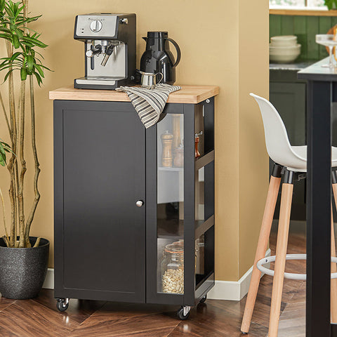 Rootz Kitchen Trolley - Side Trolley - Serving Cart - Adjustable Shelves - Mobile Storage - Lockable Wheels - Black MDF and Glass - 60cm x 90cm x 40cm