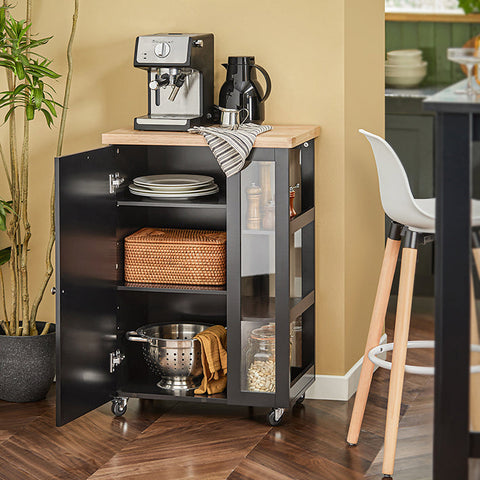 Rootz Kitchen Trolley - Side Trolley - Serving Cart - Adjustable Shelves - Mobile Storage - Lockable Wheels - Black MDF and Glass - 60cm x 90cm x 40cm