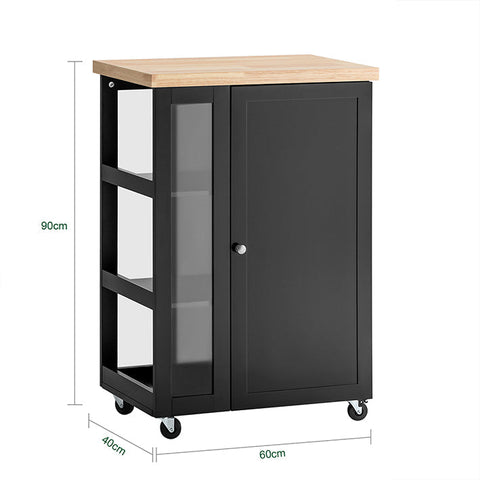 Rootz Kitchen Trolley - Side Trolley - Serving Cart - Adjustable Shelves - Mobile Storage - Lockable Wheels - Black MDF and Glass - 60cm x 90cm x 40cm