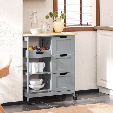 Rootz Kitchen Trolley - Serving Cart - Mobile Storage Unit - Easy Maneuverability - Ample Storage with 3 Drawers and Shelves - Durable MDF and Pine Construction - 67cm x 84.5cm x 37cm - Light Gray
