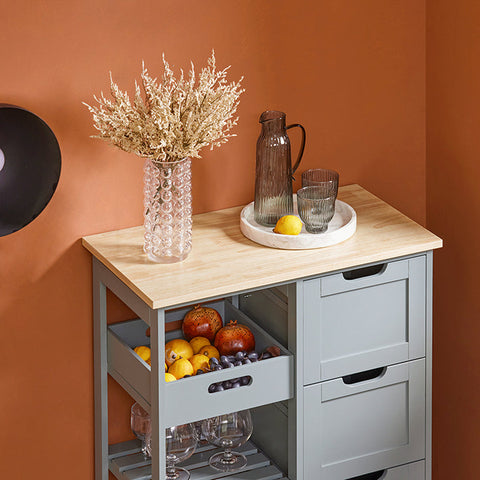 Rootz Kitchen Trolley - Serving Cart - Mobile Storage Unit - Easy Maneuverability - Ample Storage with 3 Drawers and Shelves - Durable MDF and Pine Construction - 67cm x 84.5cm x 37cm - Light Gray